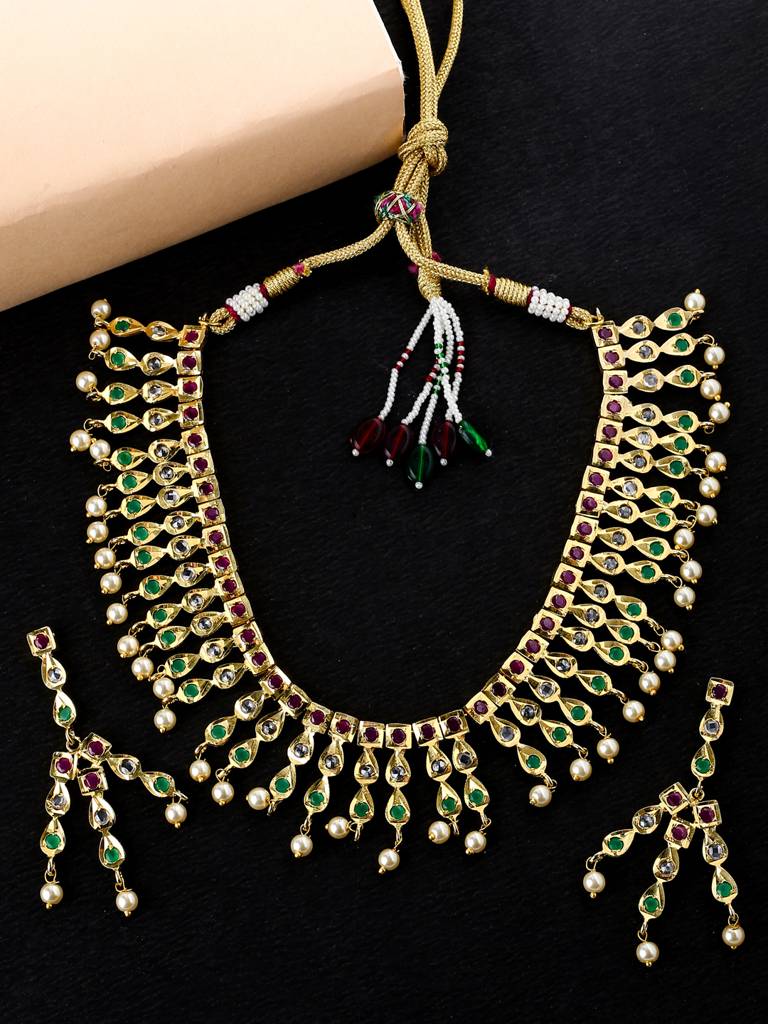 Gold Toned & Multi Color Handcrafted Jadau Jewellery Set For Women : ABGDJS04