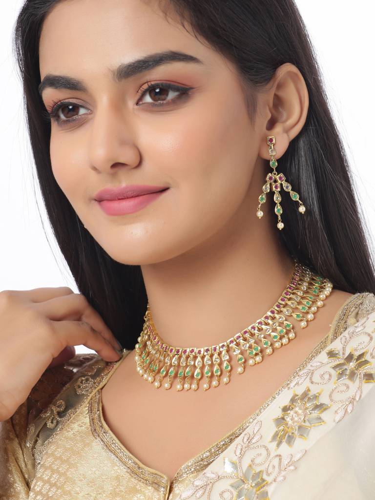 Gold Toned & Multi Color Handcrafted Jadau Jewellery Set For Women : ABGDJS04