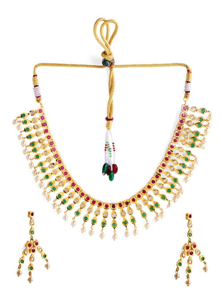 Gold Toned & Multi Color Handcrafted Jadau Jewellery Set For Women : ABGDJS04