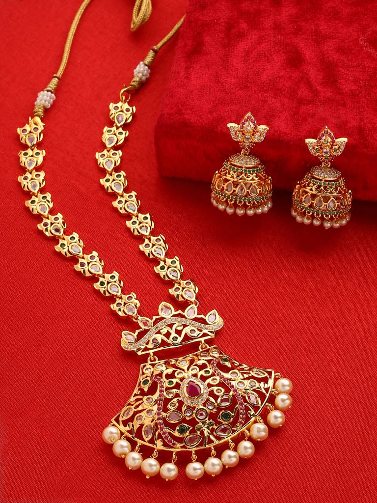 Gold Toned & Multi Color Handcrafted Jadau Jewellery Set : ABGDJS09
