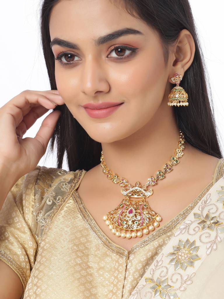 Gold Toned & Multi Color Handcrafted Jadau Jewellery Set : ABGDJS09