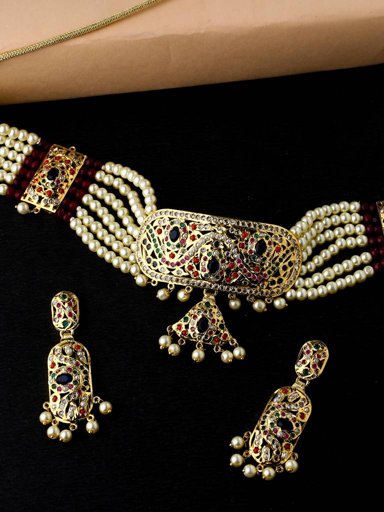 Gold Toned Beaded Jadau Jewellery Set : ABGDJS11
