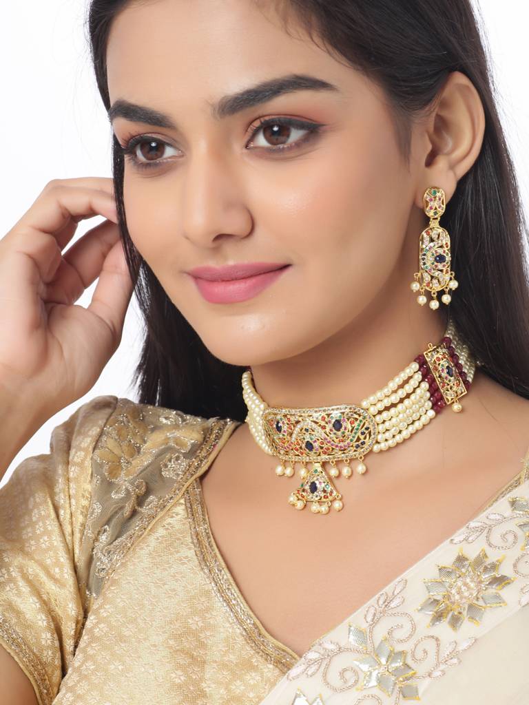 Gold Toned Beaded Jadau Jewellery Set : ABGDJS11