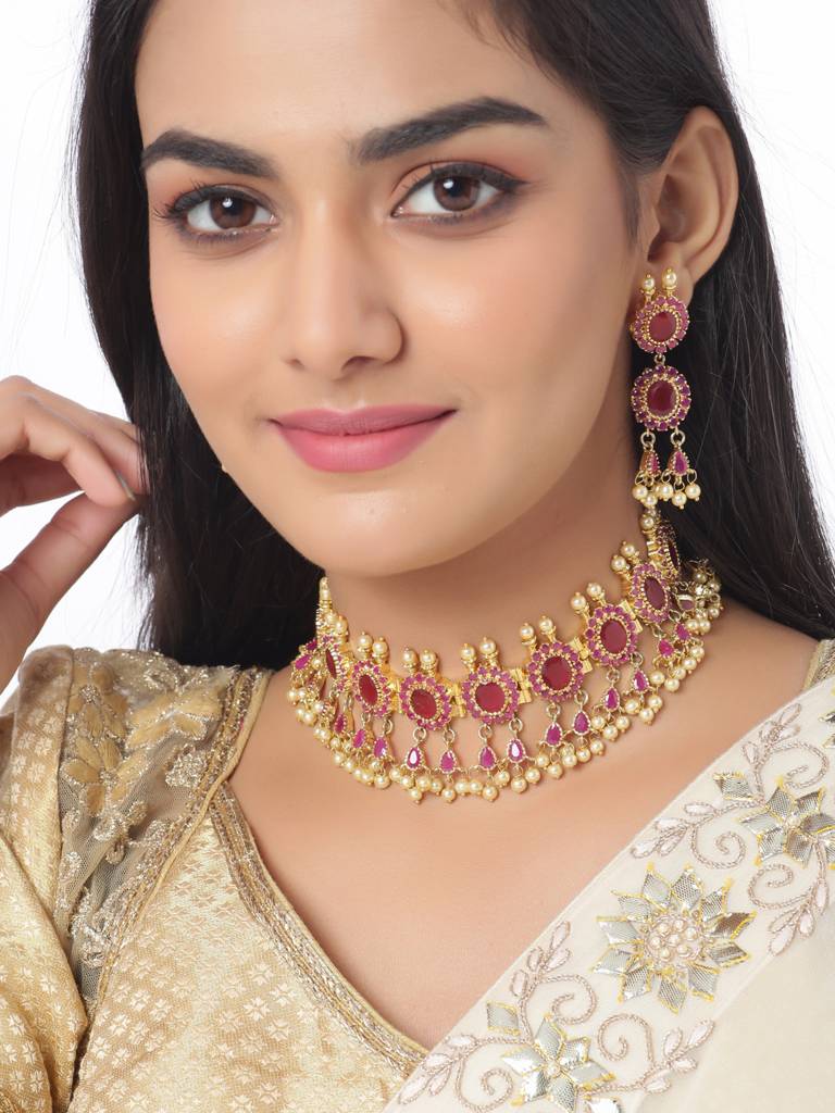 Gold Toned & Pink Stone-Studded Jewellery Set : ABGDJS12