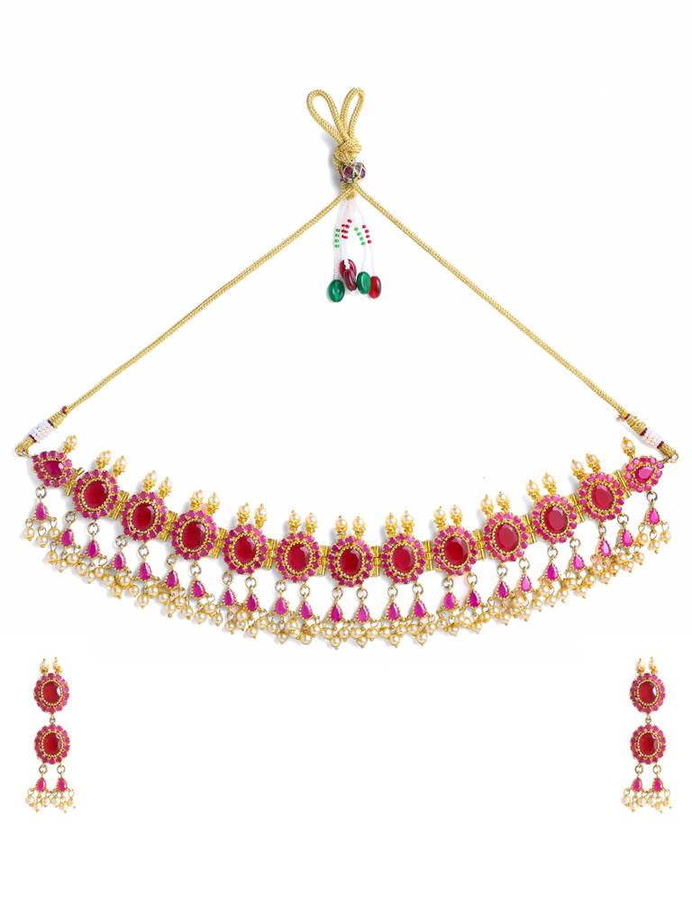 Gold Toned & Pink Stone-Studded Jewellery Set : ABGDJS12