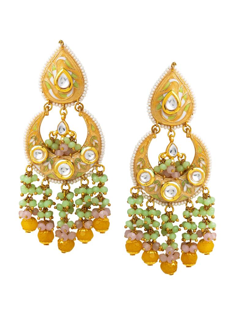 Yellow Gold Plated Meenkari And Kundan Stone Studded Handcrafted Chandbali : ABMJE01