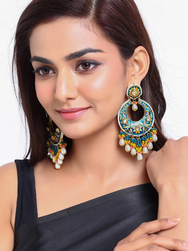 18K Gold Plated Blue & Yellow Kundan Studded Handcrafted Meena Chandbali : ABMJE03