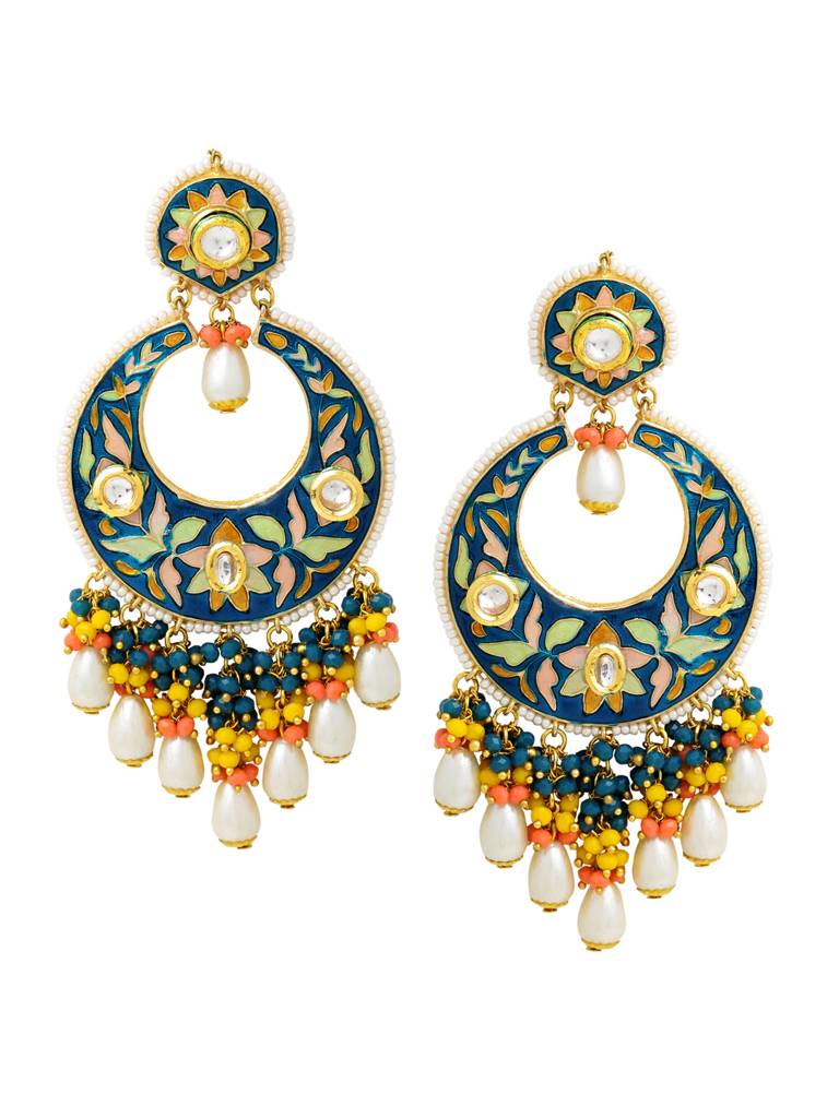 18K Gold Plated Blue & Yellow Kundan Studded Handcrafted Meena Chandbali : ABMJE03