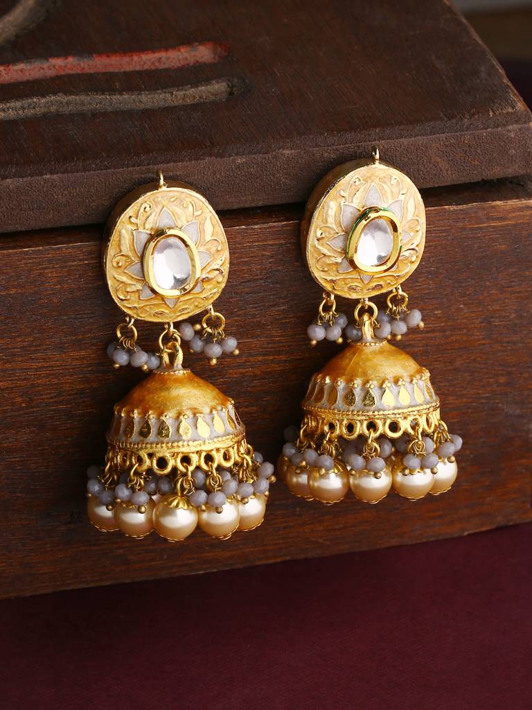 Yellow & Grey 18K Gold Plated Meenkari And Kundan Studded Handcrafted Jhumka : ABMJE05