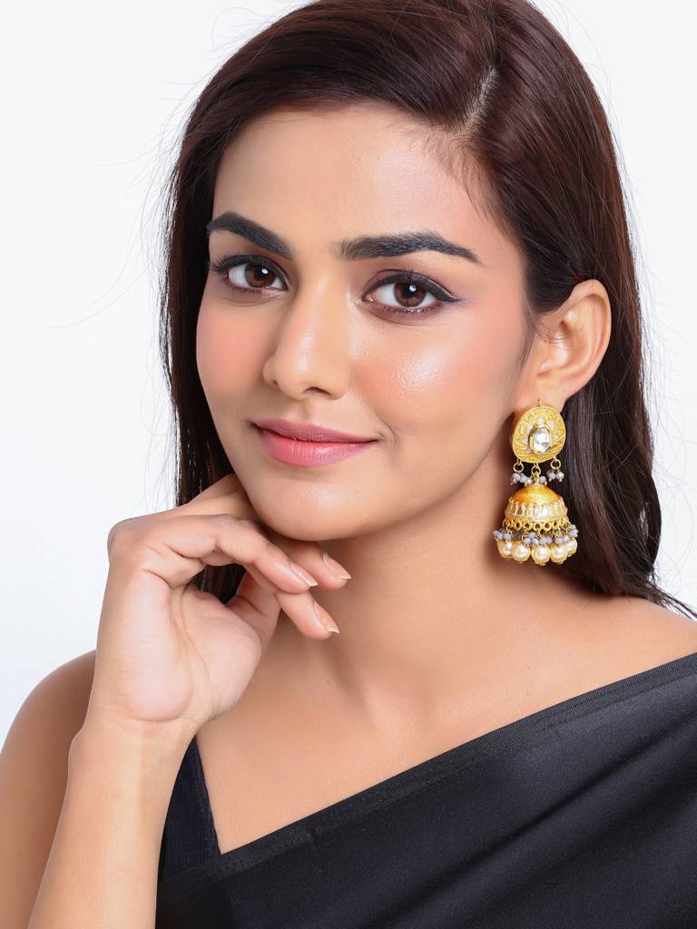 Yellow & Grey 18K Gold Plated Meenkari And Kundan Studded Handcrafted Jhumka : ABMJE05