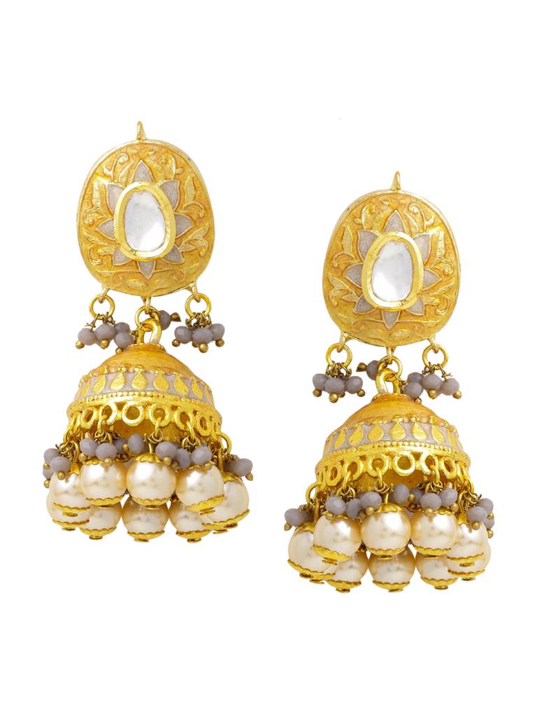 Yellow & Grey 18K Gold Plated Meenkari And Kundan Studded Handcrafted Jhumka : ABMJE05