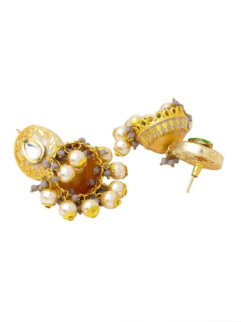 Yellow & Grey 18K Gold Plated Meenkari And Kundan Studded Handcrafted Jhumka : ABMJE05