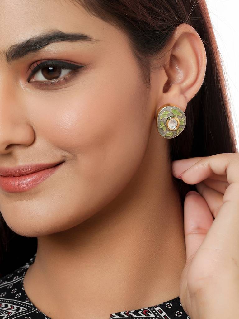 18K Gold Plated Handcrafted Meena Oval Grey Studs : ABMJE06