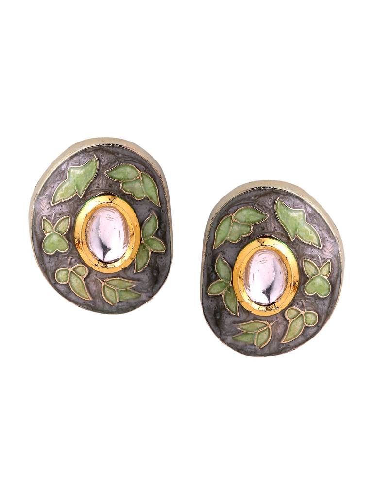 18K Gold Plated Handcrafted Meena Oval Grey Studs : ABMJE06