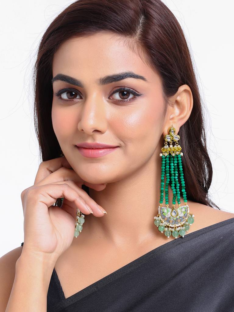 Green 18K Gold Plated Enamelled Kundan Studded Handcrafted Long Drop Earring : ABMJE08