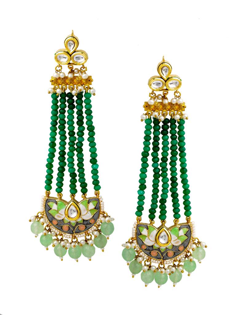 Green 18K Gold Plated Enamelled Kundan Studded Handcrafted Long Drop Earring : ABMJE08