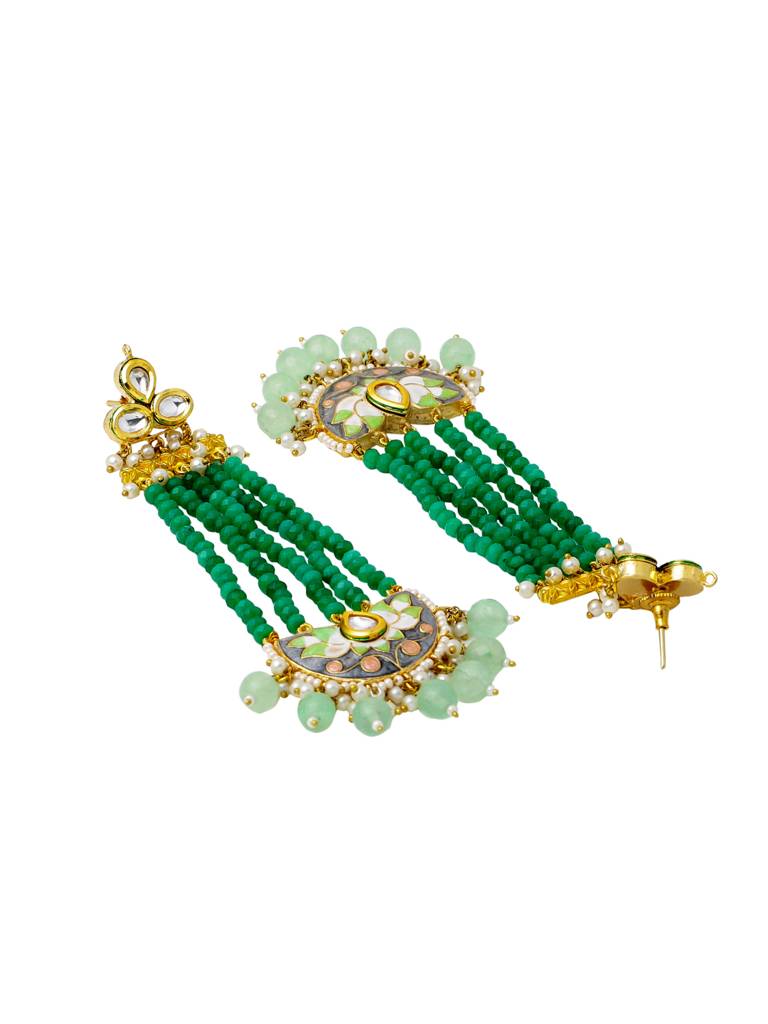 Green 18K Gold Plated Enamelled Kundan Studded Handcrafted Long Drop Earring : ABMJE08