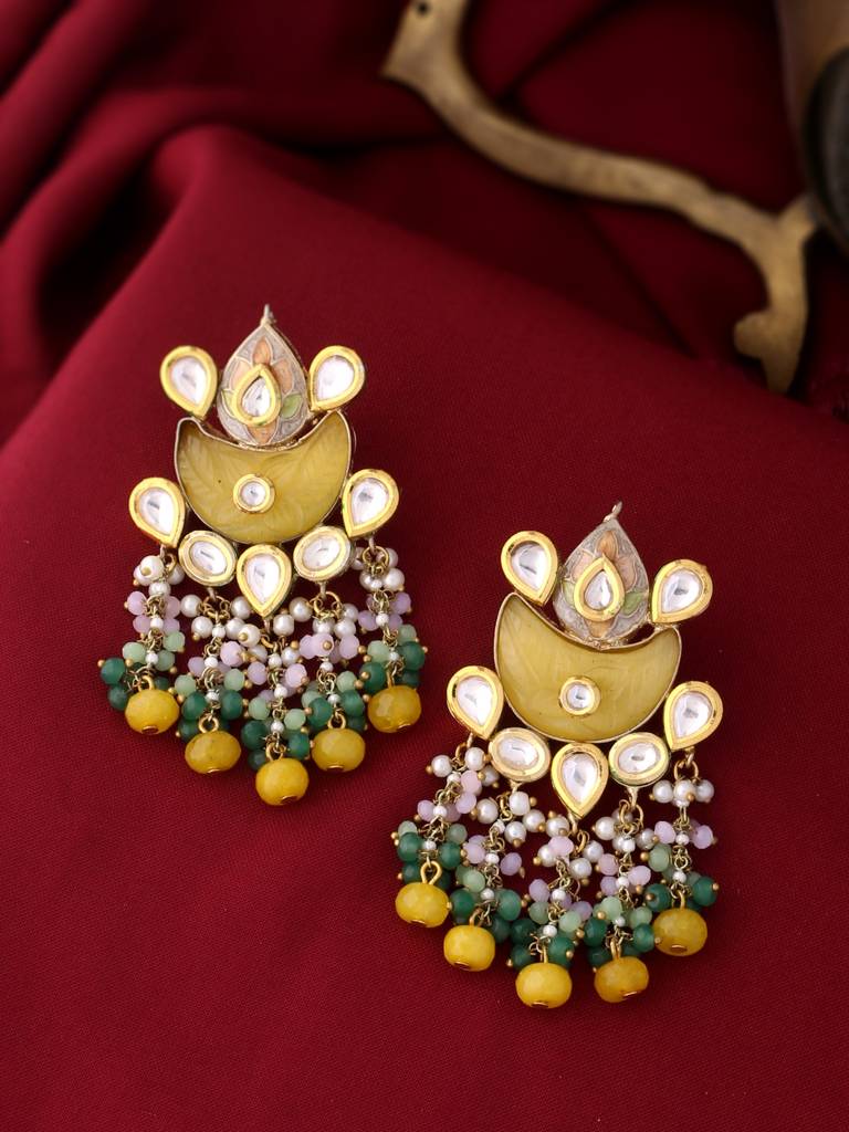 Yellow & Green 18K Gold Plated Meenakari Kundan Studded Handcrafted Chandbali : ABMJE10