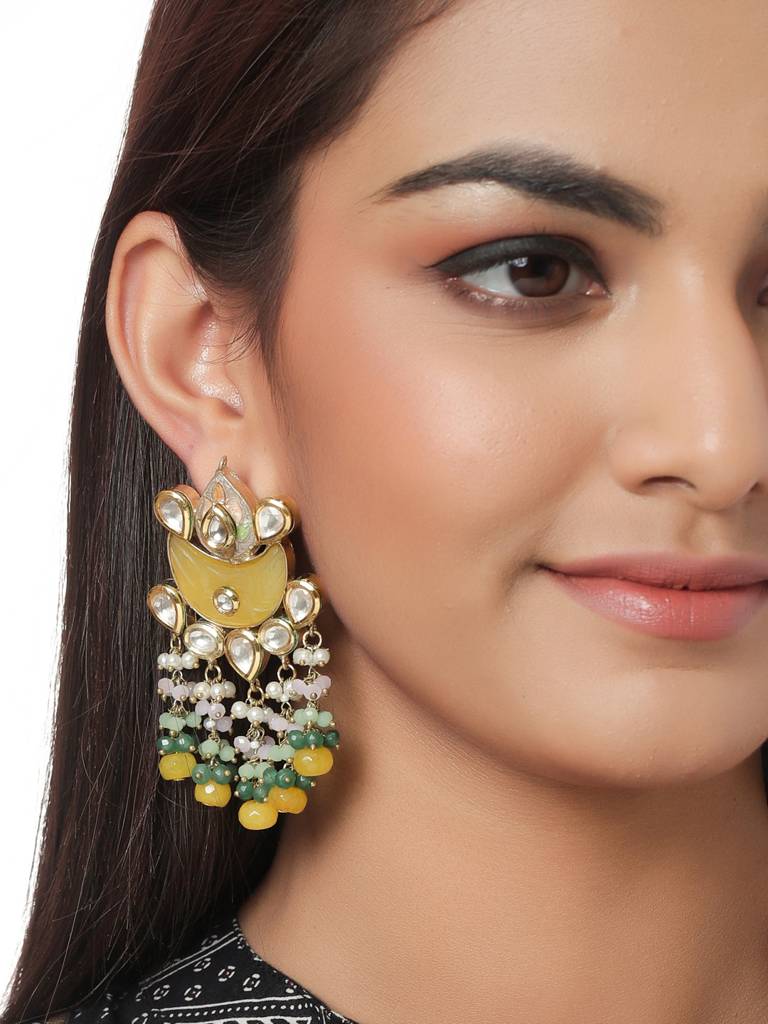 Yellow & Green 18K Gold Plated Meenakari Kundan Studded Handcrafted Chandbali : ABMJE10