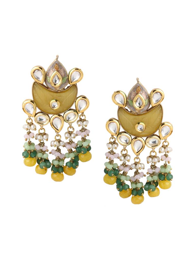 Yellow & Green 18K Gold Plated Meenakari Kundan Studded Handcrafted Chandbali : ABMJE10