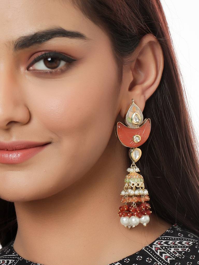18K Gold Plated Meenkari And Kundan Studded Handcrafted Jhumka : ABMJE12