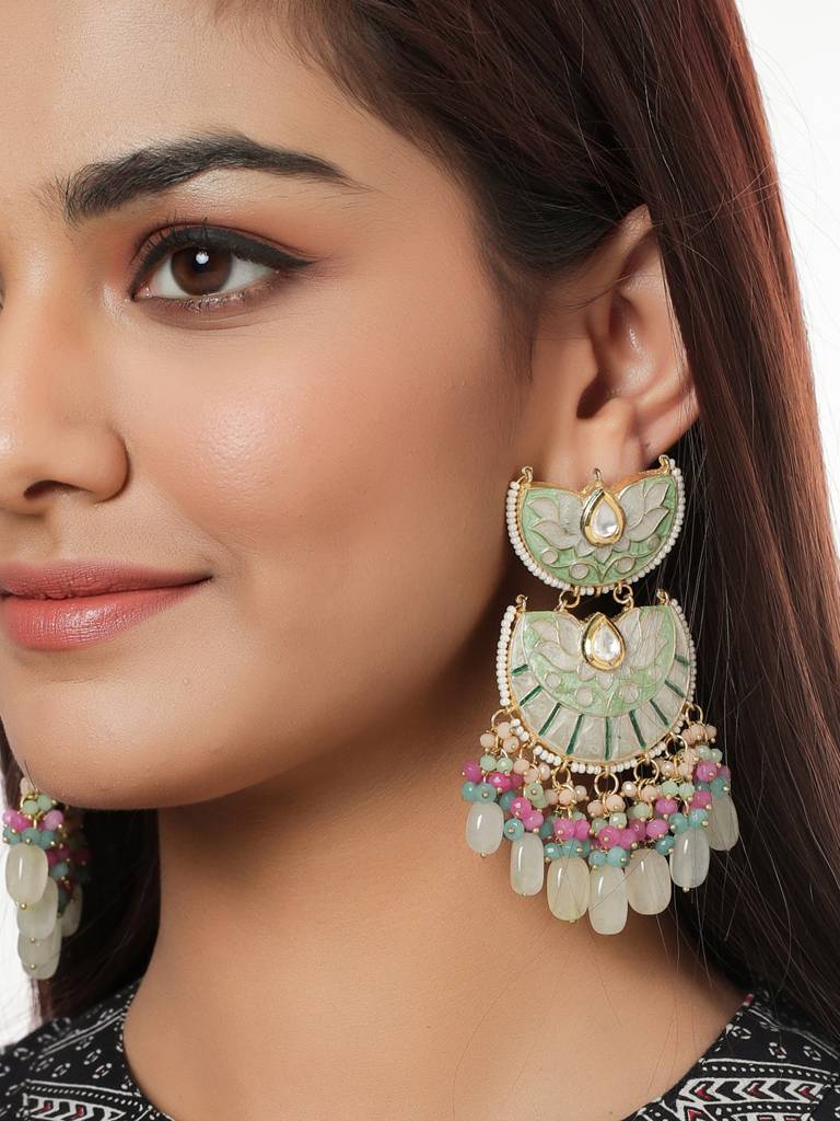 Mint Green & White 18K Gold Plated Meenakari Kundan Studded Handcrafted Chandbali : ABMJE14