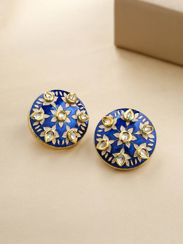 Blue Meenakari Gold Plated Kundan Handcrafted Circular Shaped Studs : ABMJE15