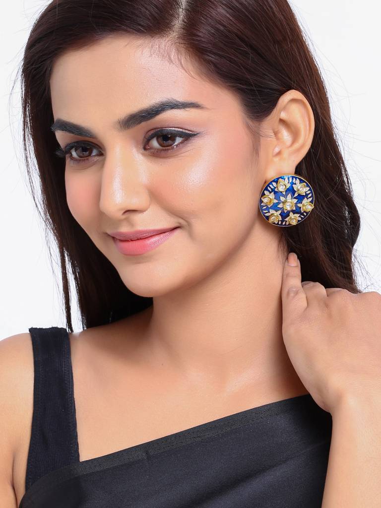 Blue Meenakari Gold Plated Kundan Handcrafted Circular Shaped Studs : ABMJE15