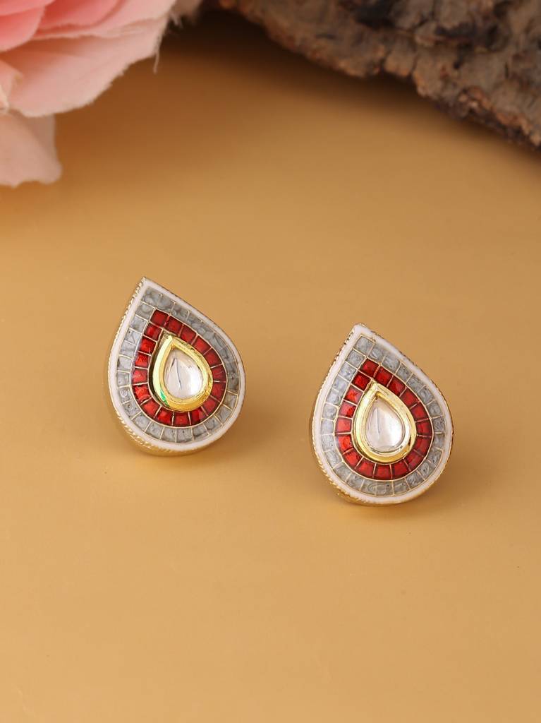 Handcrafted 18K Gold Plated Red Meena Tear Shape Studs : ABMJE20