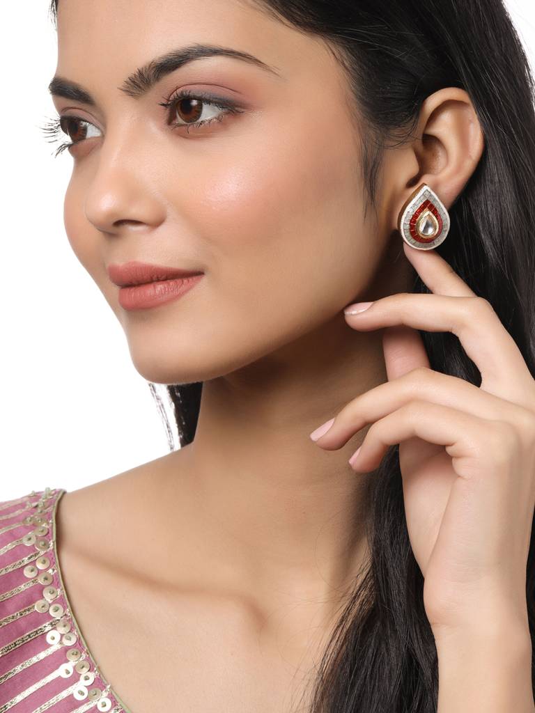 Handcrafted 18K Gold Plated Red Meena Tear Shape Studs : ABMJE20
