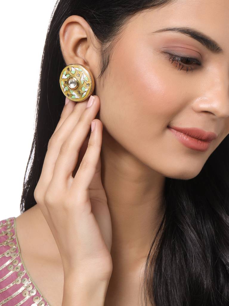 Handcrafted 18K Gold Plated Meena Yellow Round Studs : ABMJE21
