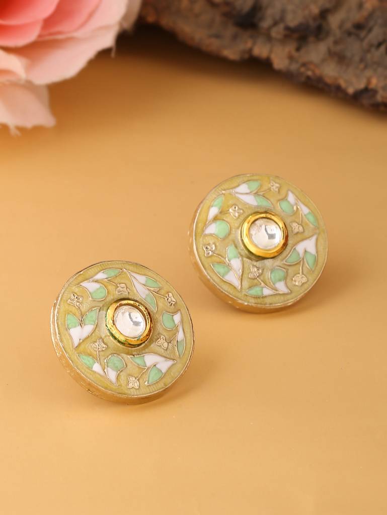 Handcrafted 18K Gold Plated Meena Yellow Round Studs : ABMJE21