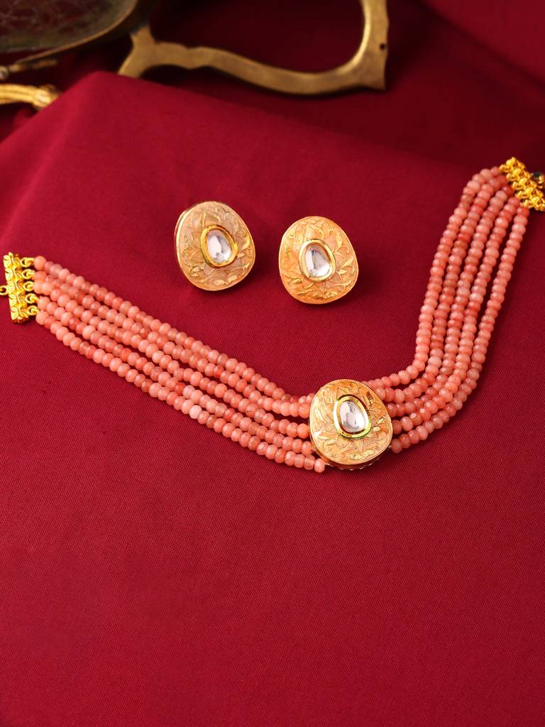 18K Gold Plated Pink Meenakari Choker Set : ABMJJS01