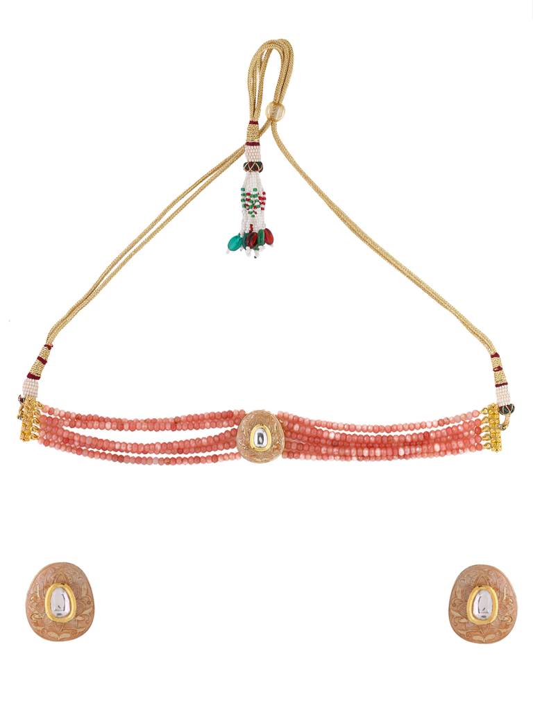 18K Gold Plated Pink Meenakari Choker Set : ABMJJS01