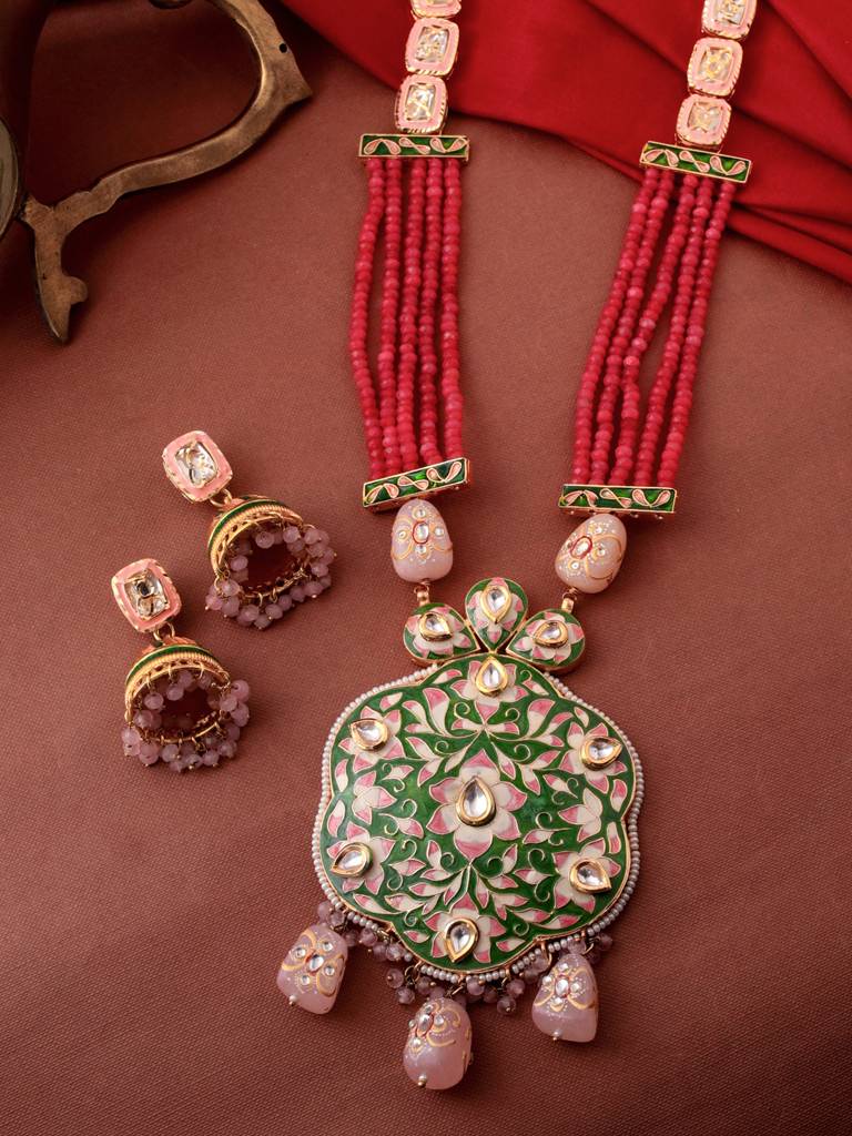 18K Gold Plated Green & Pink Meenakari Handcrafted Jewellery Set : ABMJJS02