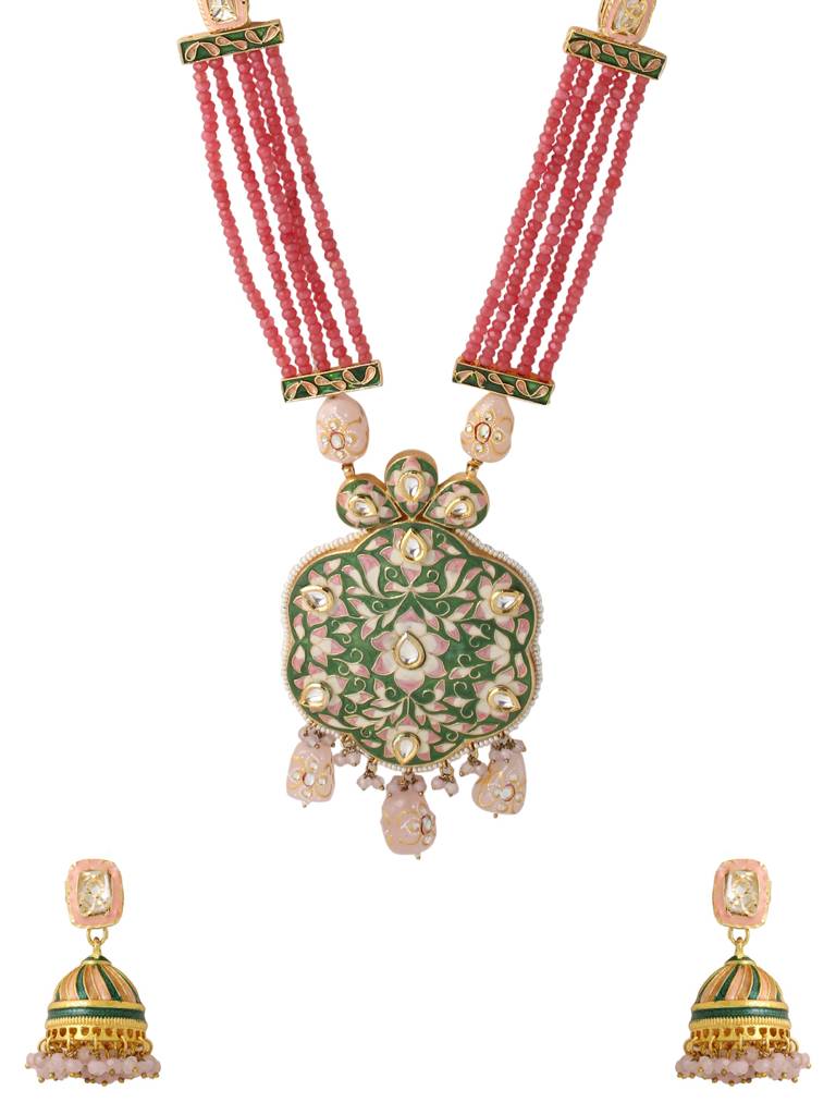 18K Gold Plated Green & Pink Meenakari Handcrafted Jewellery Set : ABMJJS02