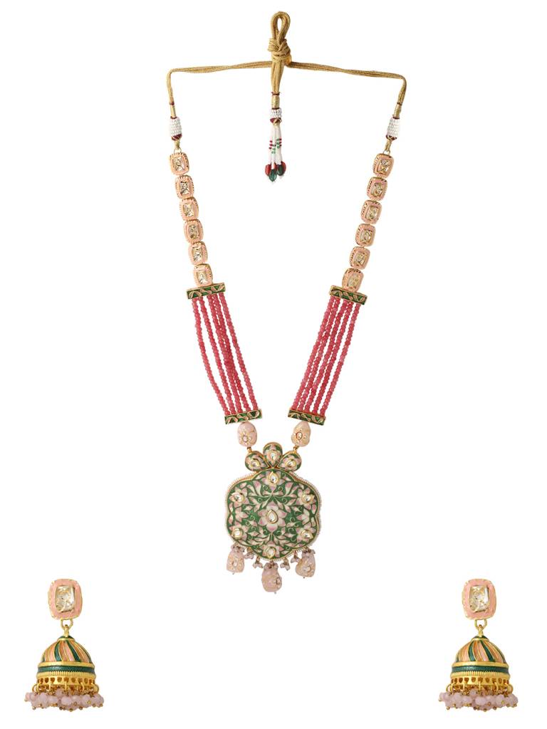 18K Gold Plated Green & Pink Meenakari Handcrafted Jewellery Set : ABMJJS02