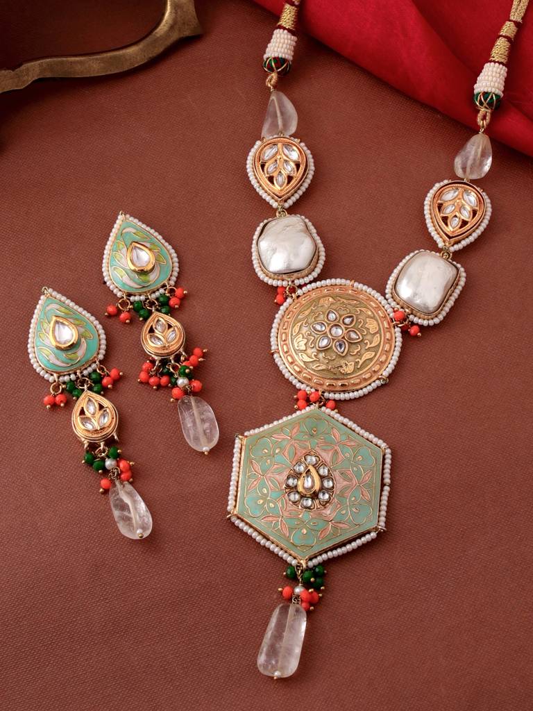 Sea Green 18K Gold Plated Handcrafted Meenakari Kundan Studded Jewellery Set : ABMJJS06