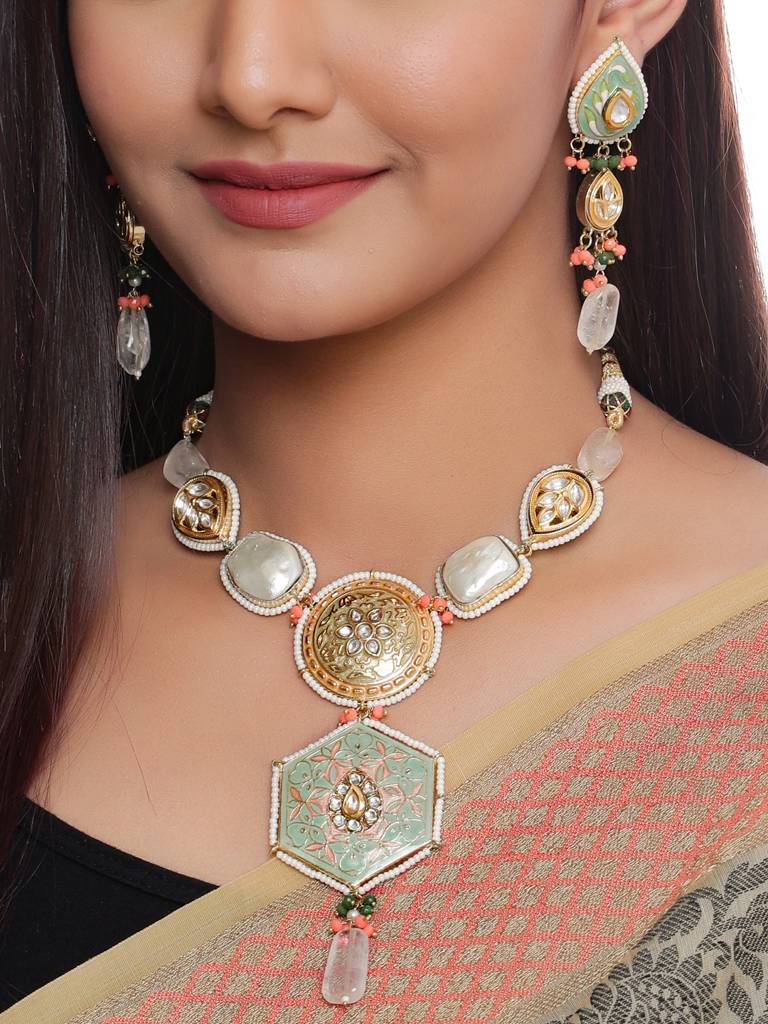 Sea Green 18K Gold Plated Handcrafted Meenakari Kundan Studded Jewellery Set : ABMJJS06