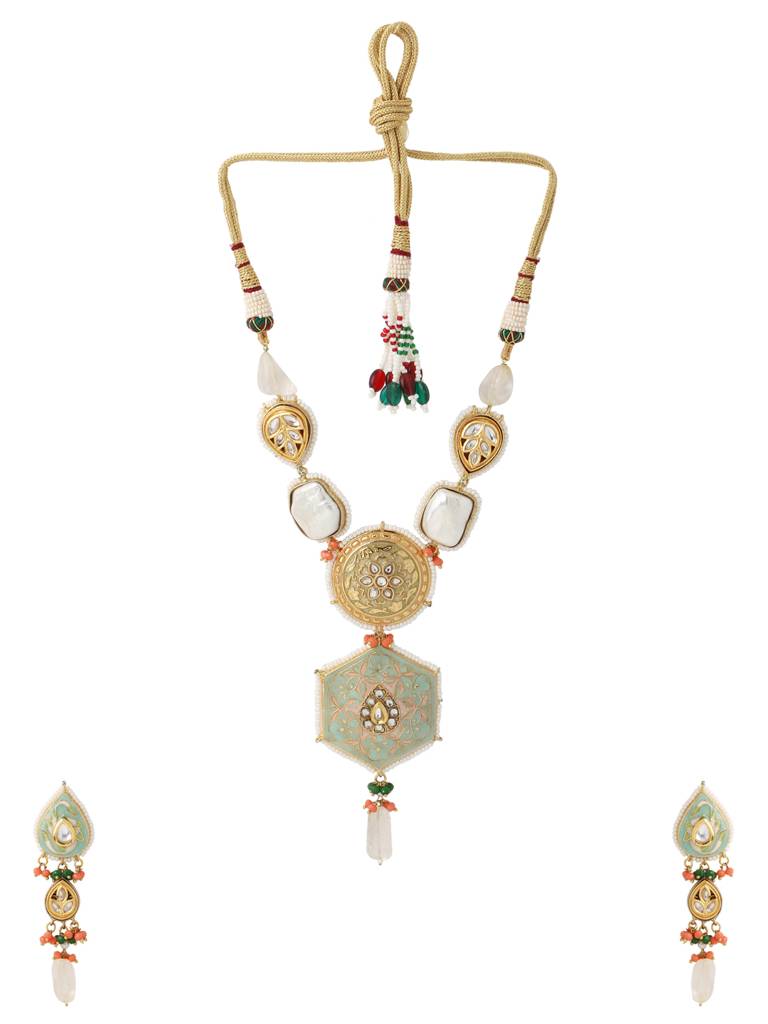 Sea Green 18K Gold Plated Handcrafted Meenakari Kundan Studded Jewellery Set : ABMJJS06
