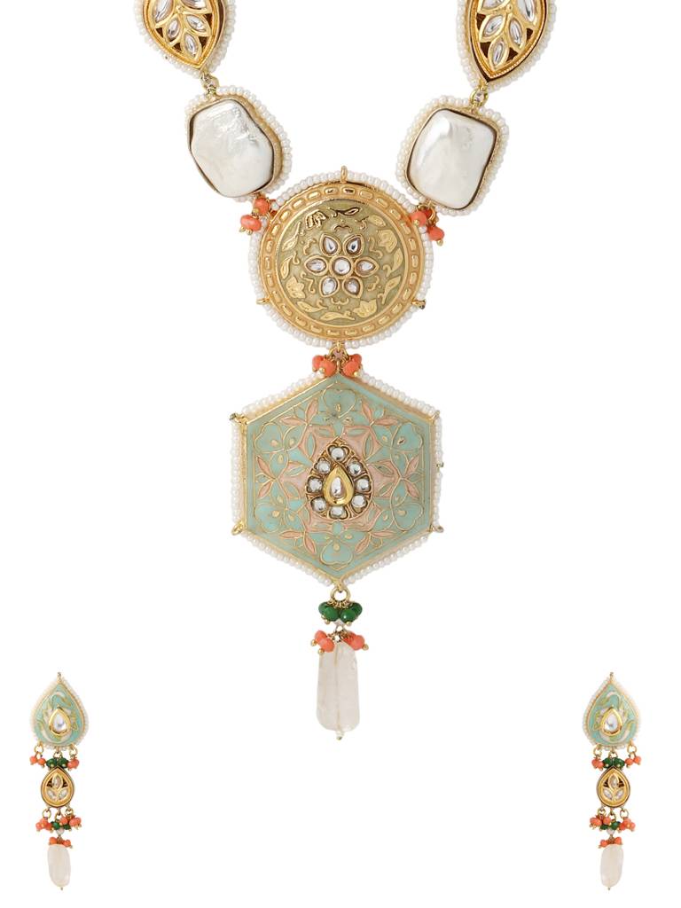 Sea Green 18K Gold Plated Handcrafted Meenakari Kundan Studded Jewellery Set : ABMJJS06