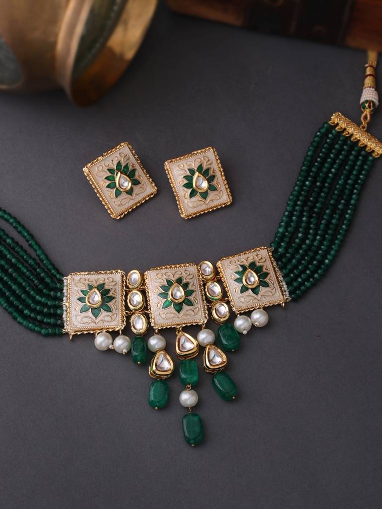 18K Gold Plated Green Handcrafted Kundan Studded Meenakari Choker Set : ABMJJS09