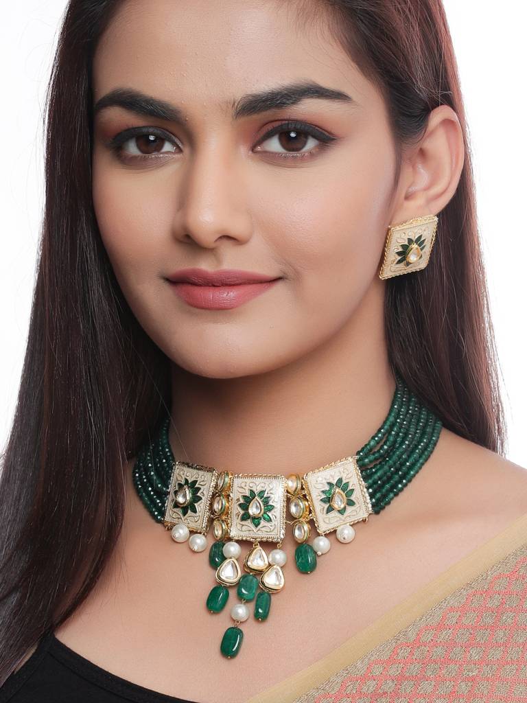 18K Gold Plated Green Handcrafted Kundan Studded Meenakari Choker Set : ABMJJS09