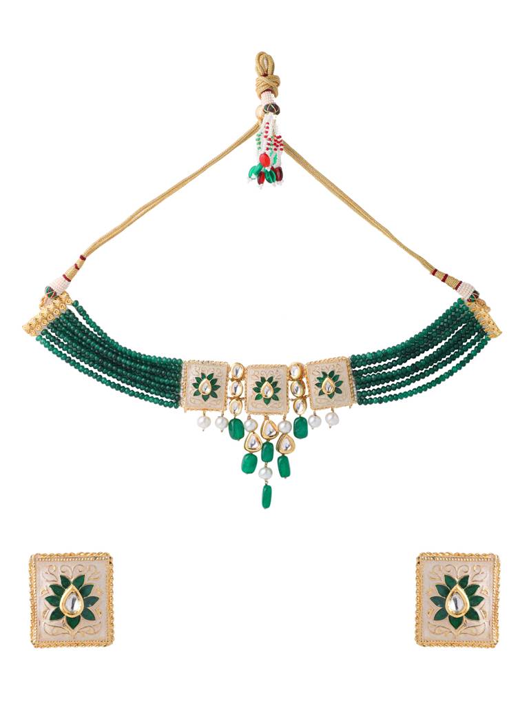 18K Gold Plated Green Handcrafted Kundan Studded Meenakari Choker Set : ABMJJS09