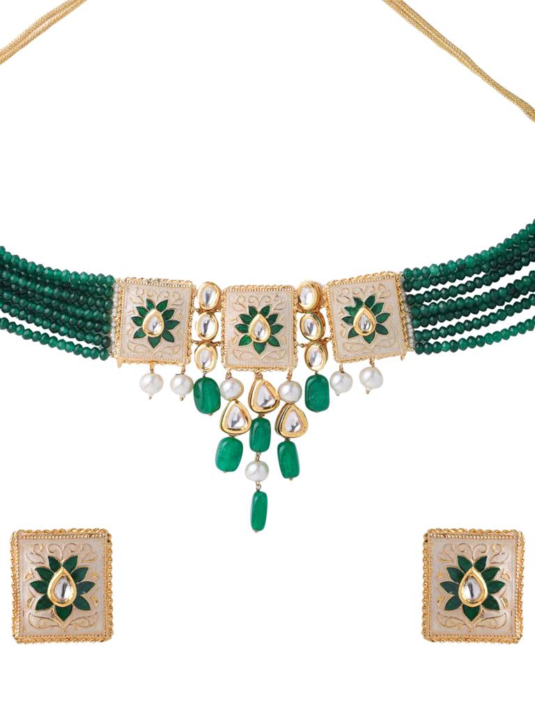 18K Gold Plated Green Handcrafted Kundan Studded Meenakari Choker Set : ABMJJS09