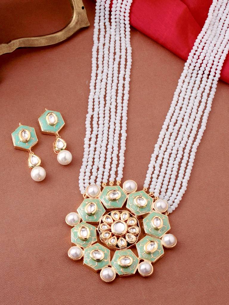 18K Gold Plated Pastel Green & White Handcrafted Meenakari Kundan Studded Jewellery Set : ABMJJS10