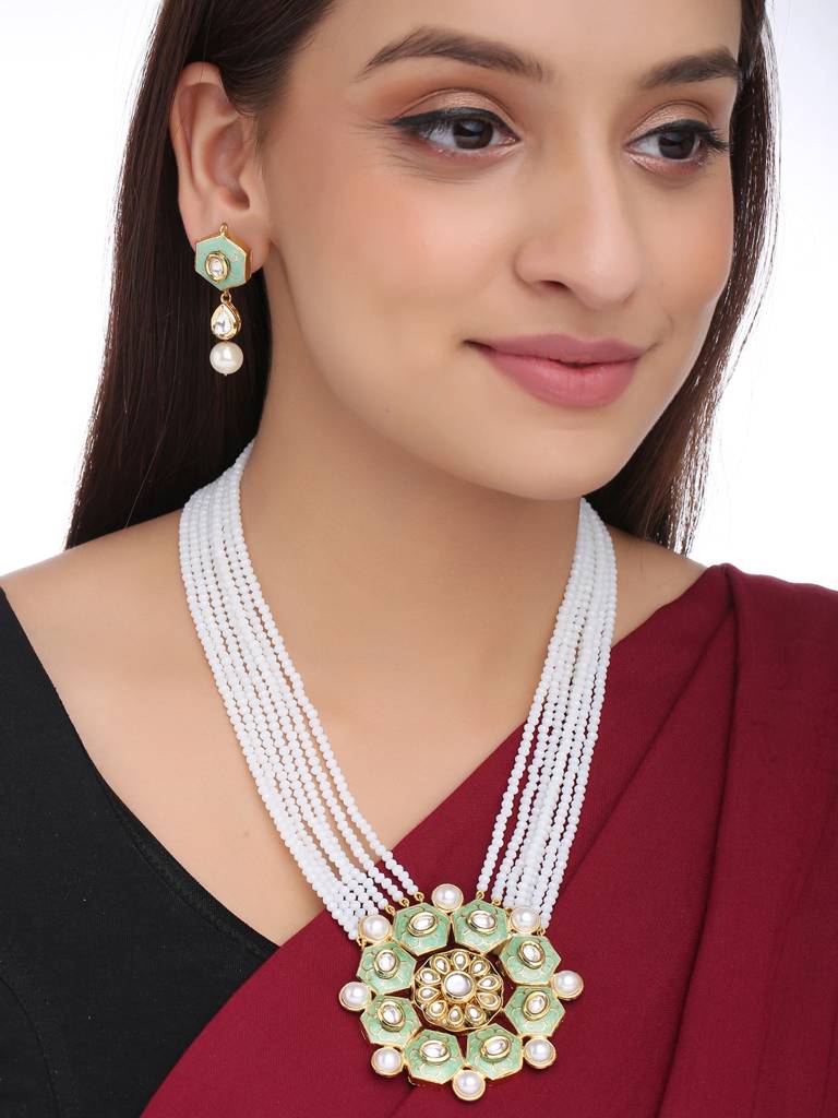 18K Gold Plated Pastel Green & White Handcrafted Meenakari Kundan Studded Jewellery Set : ABMJJS10