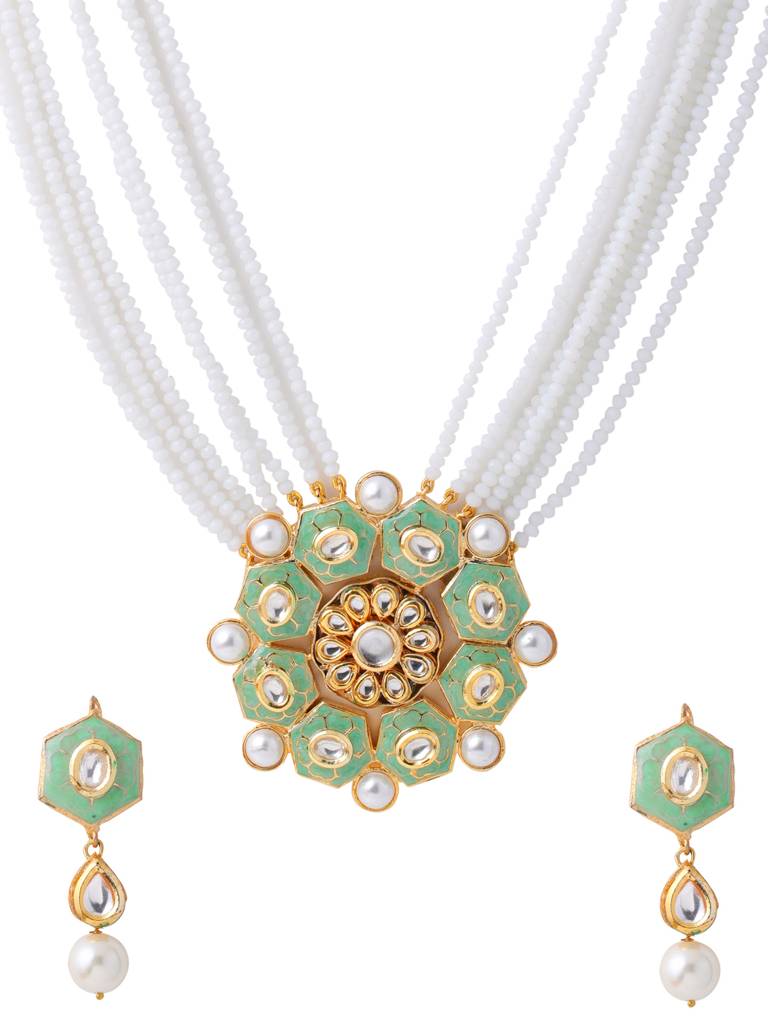 18K Gold Plated Pastel Green & White Handcrafted Meenakari Kundan Studded Jewellery Set : ABMJJS10