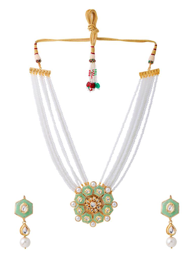 18K Gold Plated Pastel Green & White Handcrafted Meenakari Kundan Studded Jewellery Set : ABMJJS10