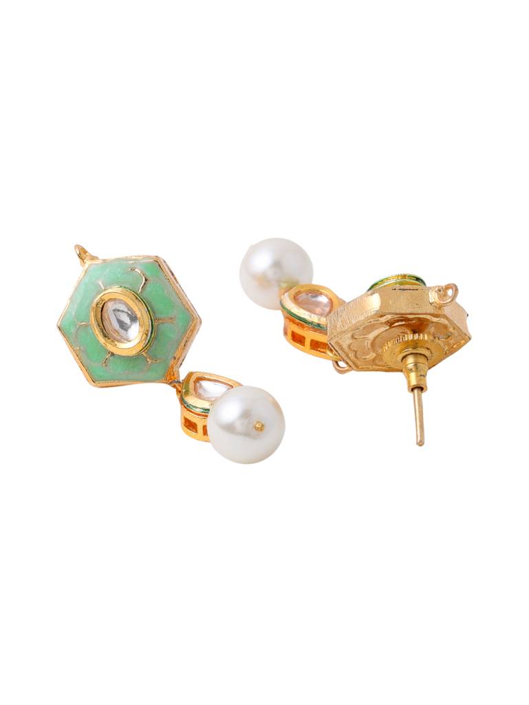 18K Gold Plated Pastel Green & White Handcrafted Meenakari Kundan Studded Jewellery Set : ABMJJS10
